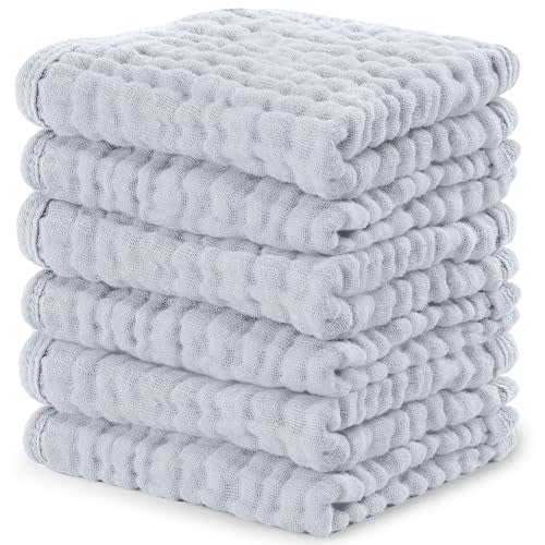 Comfy Cubs Muslin Baby Washcloths 6 Pack - Soft 6-Layer Cotton Wash Cloths for Sensitive Skin - 10"x10" Large, Gentle, Absorbent Infant Essentials for Newborn and Toddlers - Slate