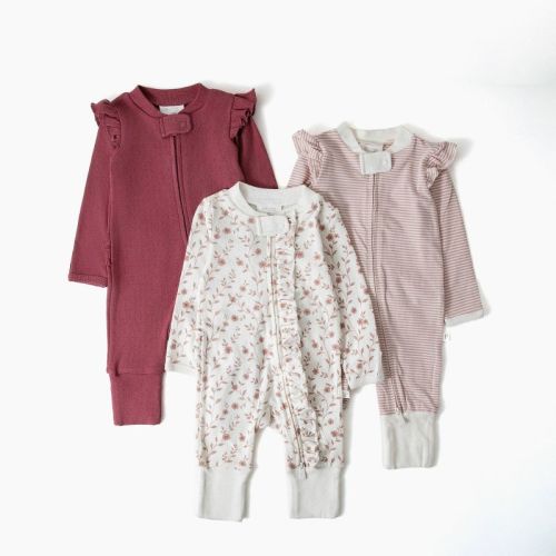 Picolette by Olivia Culpo Baby Girls' 3pk Long Sleeve Pajama Romper fold over footie cuff - Pink/white Newborn