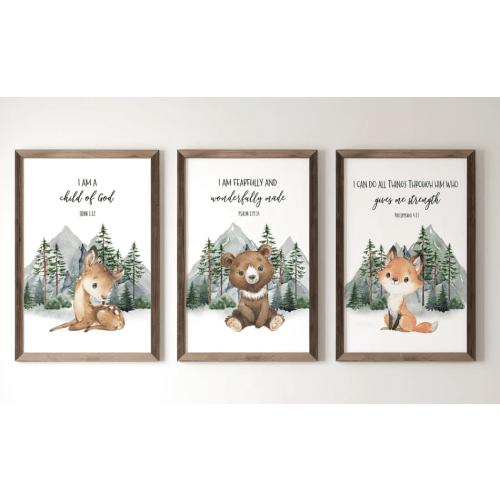 Baby Scripture Nursery Decor Wall Art Prints Woodland Prints, Forest Animal Prints Mountains Artwork Set of (3) UNFRAMED Prints or Canvas by 7wondersdesign
13" by 19" prints