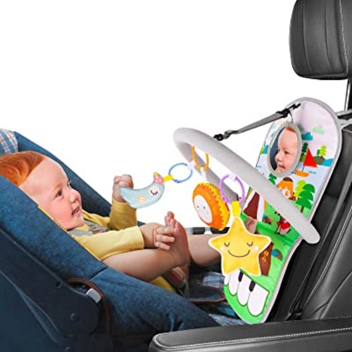 UNIH Car Seat Toys for Baby Infant 6 Months and Up, Adjustable with Baby Mirror and Hanging Squeaky Sensory Soft Toys 6 to 12 Months (with Music) Christmas Gitt for Kids