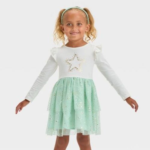 Toddler Girls' Long Sleeve Star Tulle Dress - Cat & Jack™ Cream 18m