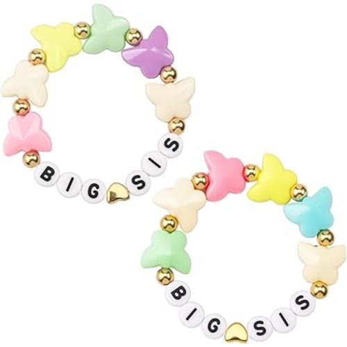 Ptwola 2pcs Big Sister Bracelets Butterfly Charm Colorful Rainbow Letter Beads Bangles Surfer Stretch Stackable Jewelry Accessories Gift for Big Sis Bestie Birthday