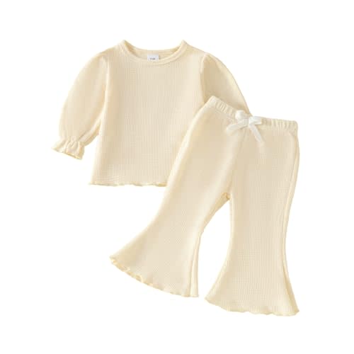 Koecnoc Baby Girl Fall Outfit Toddler Girl Winter Clothes Baby Lantern Sleeve Top and Flared Pant 2-Piece Waffle Clothing Set
