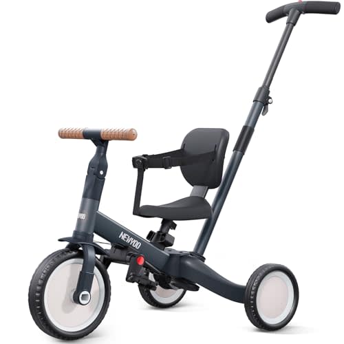 newyoo Tricycle for Toddlers 1-3, Toddler Bike, Trike with Push Handle, Perfect Boys and Girls Birthday Gift and Toys, Balance Bike with Backrest and Safety Belt, TR007, Dark Gray