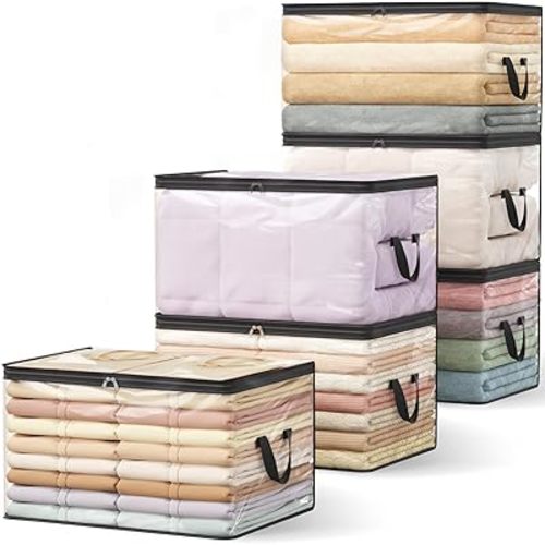 Lifewit 90L Large Clear Clothes Storage Bags, 6 Pack Plastic Comfort Blanket Storage, Vinyl Foldable Moving Bags with Zipper and Reinforced Handles, Closet Organizers Containers for Bedding, Duvet