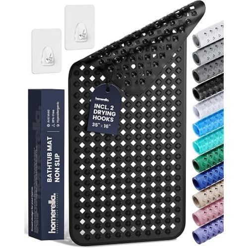 Bathtub Mat Non Slip 35x16 - homerella® Bath Mat Incl. Hooks for Drying, Extra Long, 100% BPA Free, Shower Mat Non Slip Anti Mold, Machine Washable, Shower Mats for Inside Shower Mildew Resistant