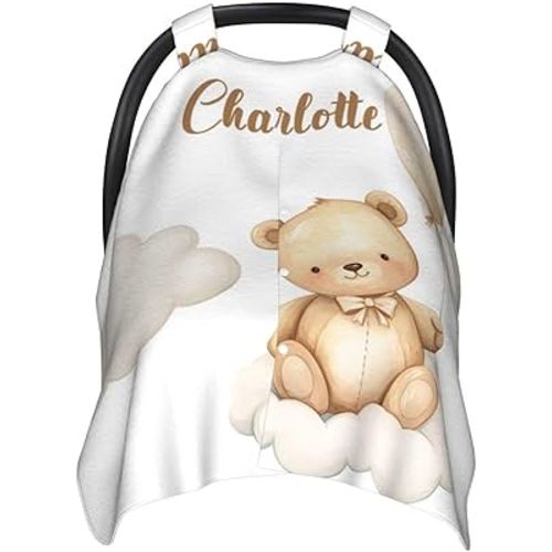 Personalized Cloud with Bear Baby Car Seat Canopy with Name – Custom Nursing Cover, Stroller Seat Cover, Breastfeeding Privacy Blanket, Soft Breathable Infant Cover for Newborn Boy Gift