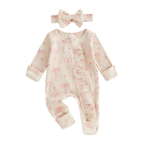 Newborn Baby Girl Fall Outfits Long Sleeve Romper Onesie Bodysuit Infant Bow Zipper Clothes