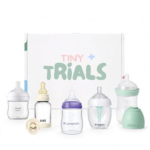 Baby Bottle Trial Pack Variety Box for Newborns & Infants – 5 Bottles Featuring Chicco, Dr. Talbot’s, MAM, Lansinoh & Babaloo – Anti-Colic, Breastfeeding-Friendly Baby Registry Gift, Tiny Trials