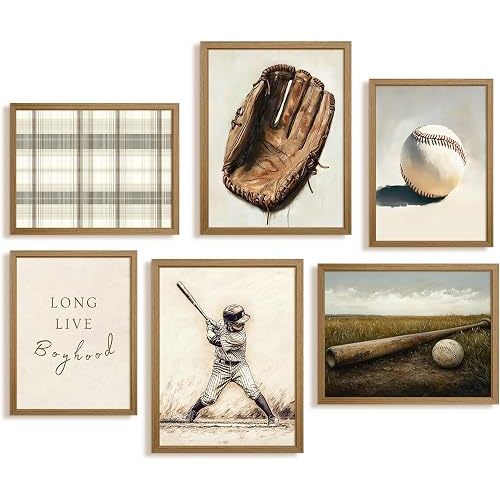 Vintage Baseball Nursery Wall Art Boys Room Canvas Poster Vintage Sports Wall Decor Baby Kids Prints Baseball Field Pictures Sage Green Painting Neutral Artwork for Bedroom 8x10x6 Inch Framed
