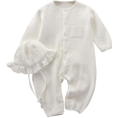 Infant Girls Boys Linen Cotton Romper Button-Down Baby Girl Summer Clothes with Ruffled Bonnet Hat Unisex Photoshoot Outfits