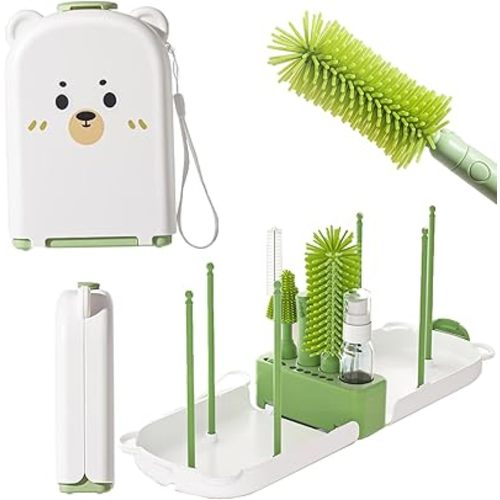 Baby Bottle Brush Set 7 in 1 Travel Bottle Cleaner kit Portable Baby Essentials - KAMHBE (Green)