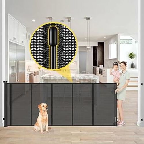 Reinforced 42” Extra Tall x 80” Wide Retractable Baby Gates with Rods to Prevent Crawling Through, Extra Tall Pet Gate for Large Openings Indoor Long Mesh Dog Gate for Stairs and Doorways, Black
