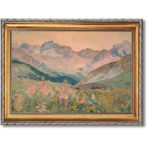 EQUEEN Pastel Mountain Landscape Poster Wall Art Wildflower Valley Sunset Canvas Print Nature Wall Decor For Living Room Bedroom Office24x36inch Golden frame