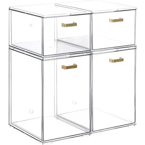 4 Pack Stackable Clear Acrylic Storage Drawers with Golden Handles, Plastic Drawer Organizers for Makeup, Kitchen, Bathroom, Office, Under Sink & Cabinet Organization