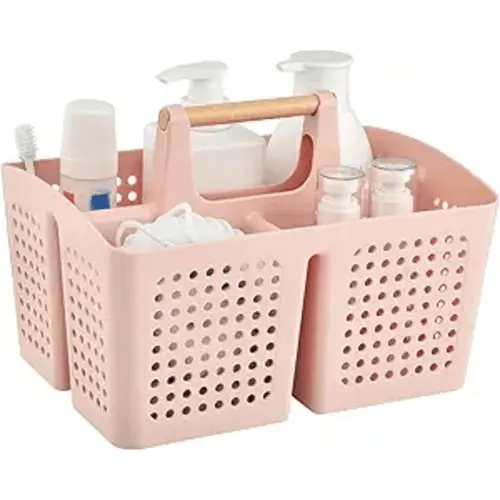 Portable Shower Caddy Basket with Compartments, Plastic Divided Cleaning Caddy Organizer Storage Tote with Handle for Bathroom, College, Dorm Room Essentials, Pink