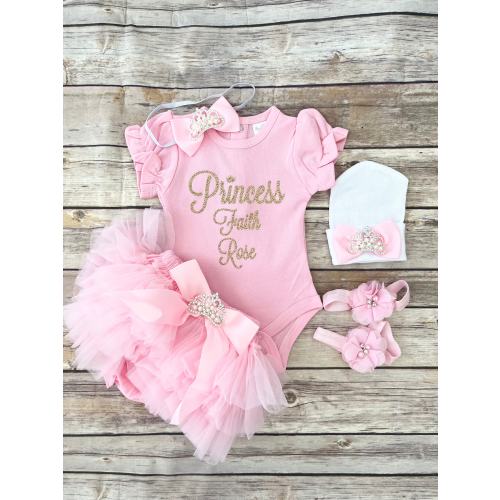 Personalized Baby Girl Coming Home Outfit: Pink Princess Bodysuit, Bloomer, Hat, Headband
