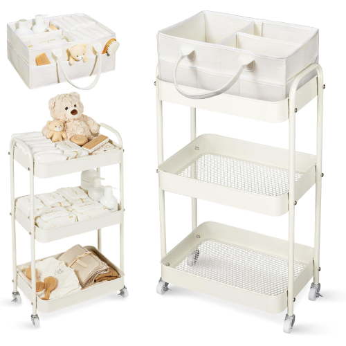 Diaper Caddy, 3 Tier Rolling Cart for Baby Essentials, Beige | Diaper Cart with Detachable Dividers, Nursery Storage & Bottle Organizer, Bedside Caddy for Bedroom and Living Room