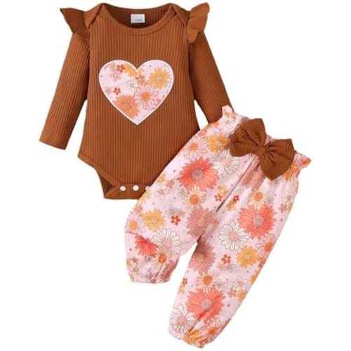 Jecson Newborn Baby Girl Clothes: Soft Cotton Infant Outfits Ruffles Sleeve Romper & Pants Set Cute Fall Home Outing 0-18M