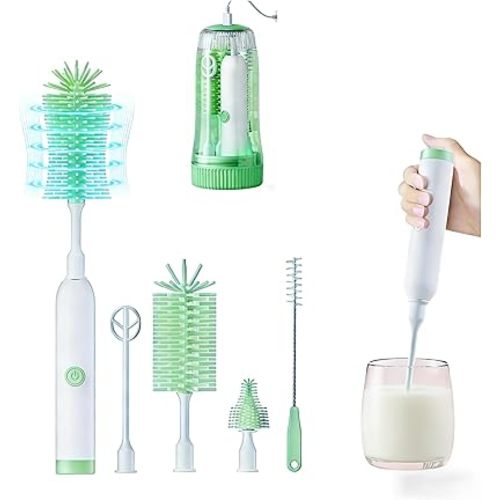 Portable Electric Silicone Bottle Brush Set, 7-in-1 UV Light USB Charging, Nipple/Straw Cleaner, Milk Mixer, Built-in Drying Rack & Storage Case, BPA-Free, IPX7, On-the-Go for New Parents (Mint)