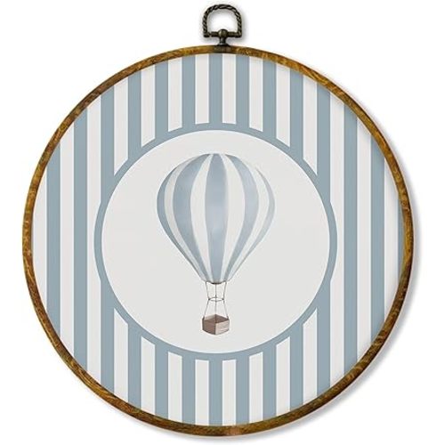 Hiuwevt Hot Air Balloon Boy Nursery Round Wall Art Decor, Kids Room Framed Canvas Prints, Blue Striped Round Wall Hanging Decor for Kids Boy Nursery Room Bedroom Playroom Decorations, 10x10 Inches