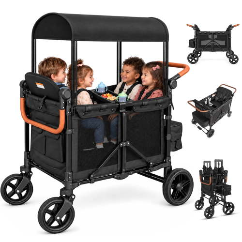TouHeart Wagon Stroller for 4 Kids, Foldable 4-Seater Stroller Wagon with Canopy, 5-Point Harness, Adjustable Push-Pull Handle, Removable Seats, Black