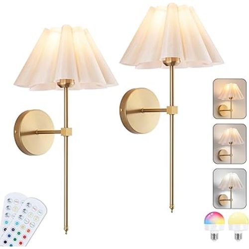 Battery Operated Wall Sconces Set of 2, Rechargeable RGB Wall Lights, Not Hardwired Wall Lights with Petal Shades, Wireless Wall Lamp with Remote Control for Living Room Corridor Bedroom etc