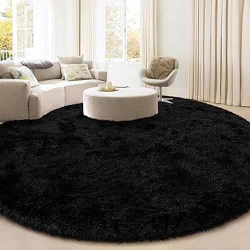 Large Round Area Rug for Living Room, 7x7 Fluffy Soft Circle Rugs for Bedroom, Washable Plush Shaggy Indoor Floor Bedside Kids Girls Nursery Room Circular Carpet, Home Decor Aesthetic, Black