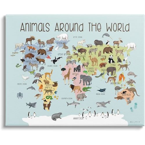 Stupell Industries Animals Around The World Map Canvas Wall Art, Design by Stephanie Workman Marrott