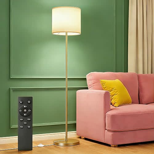 Keepsmile Dimmable Floor Lamps for LivingRoom with 12W LED Bulb, Foot Switch, Remote Custom Color Temperature Floor Light, Linen Shade Standing Lamps, Modern Tall Lamp for Office Bedroom Kid Room-Gold