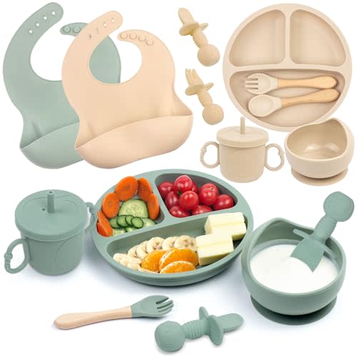 Silicone Feeding Set, 18PC Baby Led Weaning Supplies - Suction Bowls, Plates, Bibs, Cup, Spoons & Forks (Beige & Olive-green)