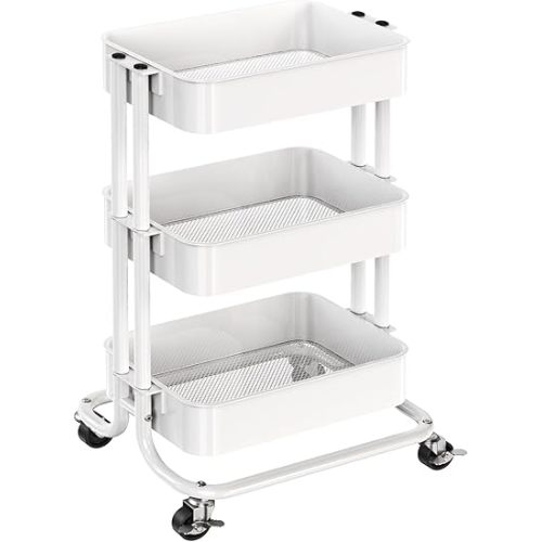 Pipishell 3 Tier Metal Rolling Utility Cart, Heavy-Duty Storage Rolling Cart with 2 Lockable Wheels, Multifunctional Mesh Organization Utility Cart for Kitchen Dining Room Living Room (White)