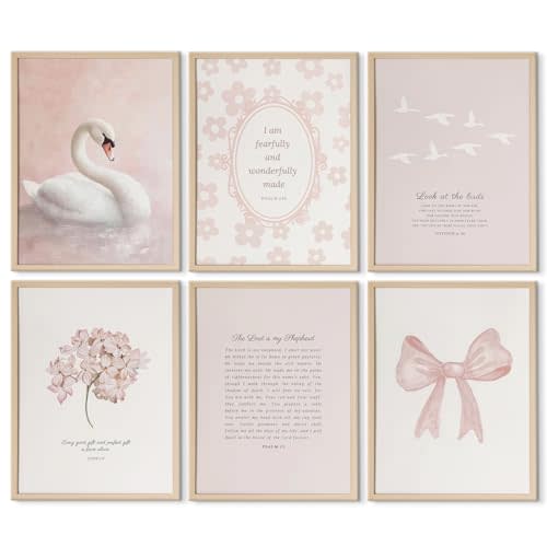 6Pcs Pink Nursery Christian Wall Art Kids Bible Verse Posters Coquette Bow Bible Canvas Prints Jesus Boho Scripture Pictures Pink Vintage Floral Swans Wall Decor for Baby Girl Room 8x10in Unframed