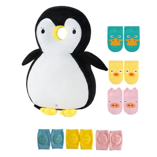 JunNeng Toddler Baby Head Protector Backpack for Toddler Walker with Knee Pads&Anti-Slip Socks, Penguin