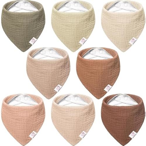 Bearmoss Muslin Baby Bibs 8 Pack 100% Cotton Baby Bandana Drool Bibs for Unisex Baby Girls Boys Drooling and Teething (Coconut Mocha)