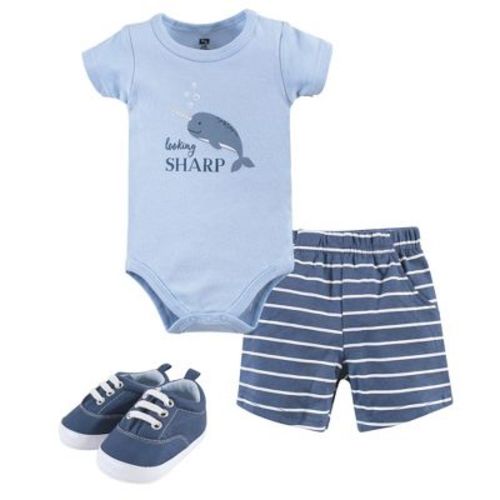 Hudson Baby Infant Boy Cotton Bodysuit, Shorts and Shoe 3pc Set, Narwhal, 0-3 Months