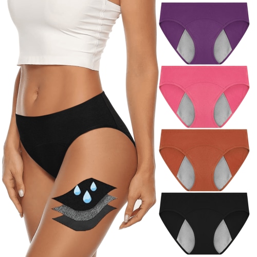 Loritta Women's Period Panties, 4-Pack Breathable Cotton Super Leak Proof Postpartum Underwear, Size XS-3XL