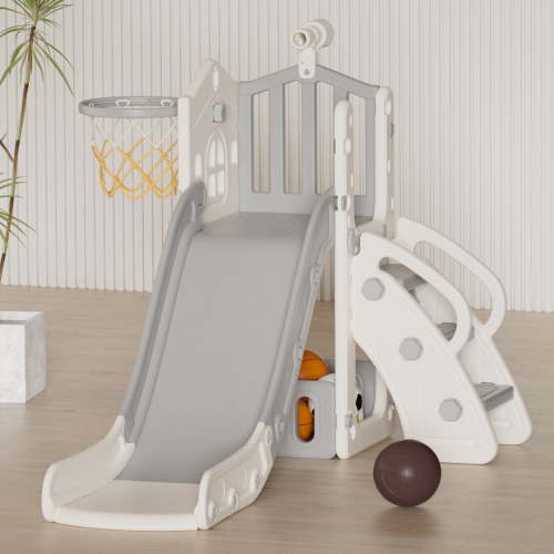 XJD 5 in 1 Toddler Slide, Kids Climber Slide with Basketball Hoop and Ball, Indoor Outdoor Playset for Toddlers Age 1-4 (Grey)