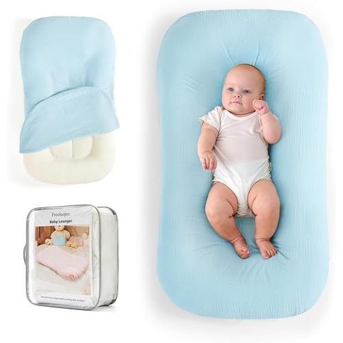 Freelooper Baby Lounger, Suitable for Newborns 0-24 Months, Infant Lounger for Home and Travel, Soft Cotton and Breathable, Nest Lounger, Newborn Babies Essentials Gifts(Lovely Blue)