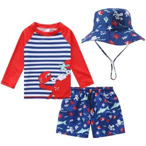 Baby-Boys Toddler Long Sleeved Rashguard Swim Bathing Suit and Sun Hat Set