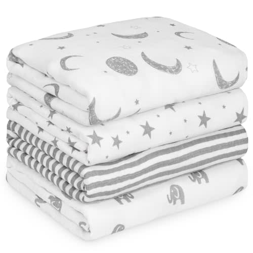 GLLQUEN BABY Muslin Swaddle Blankets 4Pk Receiving Blanket Large 35" x 40" | Soft Cotton Baby Blankets for Girls Boys Breathable Nursery Swaddles for Newborns, Baby Essentials Shower Gift, Elephant