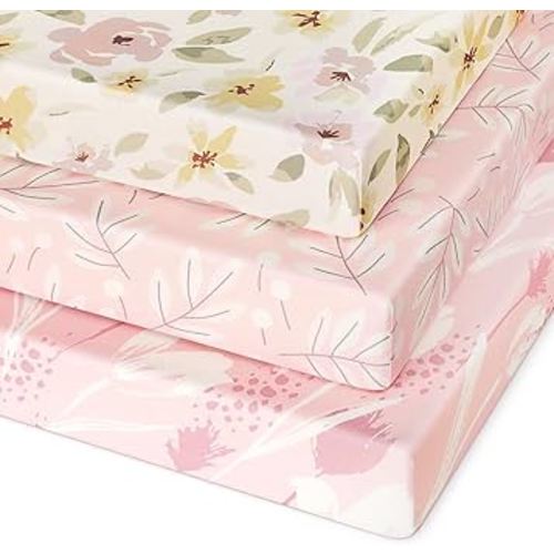 Pack and Play Sheets Fitted 3 Pack, Mini Crib Sheets for Pack N Play Mattress Stretchy Portable Playard Sheets, Soft Breathable Pink Flowers & Leaf
