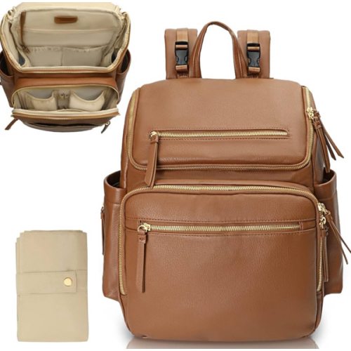 Diaper Bag Backpack Large Baby Diaper Bag Leather with 17 Diaper Bag Organizing Pouches,Changing Pad,Stroller Straps,4 Insulated Pockets,Brown