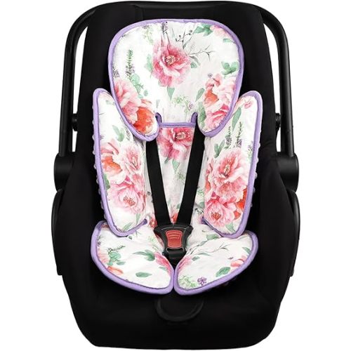Pea Pod Infant Car Seat Insert 2-in-1 Baby Car Seat Head & Body Support for Newborn Girl Reversible 3 Layer Warm Preemie Carseat Stroller Cushion Headrest with Soft Minky Dot Fabric, Pink Floral
