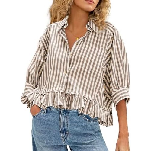 CHYRII Womens Summer Tops Dressy Casual Blouse Top Ruffled Short Sleeve Button Down Striped Shirt