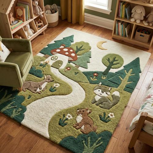 Artistic Nursery Forest Floor Rug | Colorful Children Nature Area Rug, Whimsical Woodland Animal Wool Rug for Kid's Room Dorm & Nursery Area