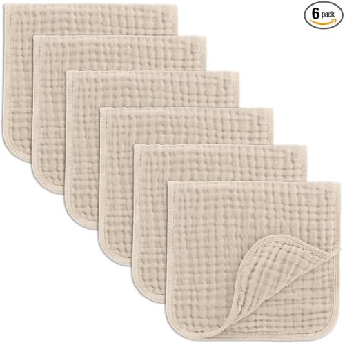 Comfy Cubs Muslin Burp Cloths 20" x 10", Pack of 6 - Large, 6-Layer, Ultra Absorbent 100% Cotton for Baby Drool and Messes - Soft, Safe & Gentle Baby Burp Cloths Set for Boys & Girls - Sand