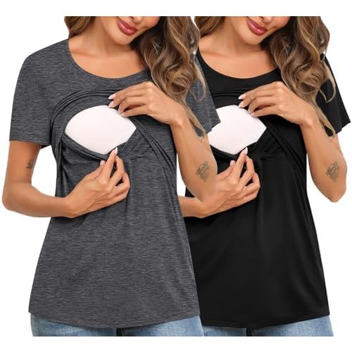 SWOMOG Women's 2 Pack Nursing Tops Short Sleeve Nursing Shirts Double Layer Maternity Tops Soft Comfort for Breastfeeding