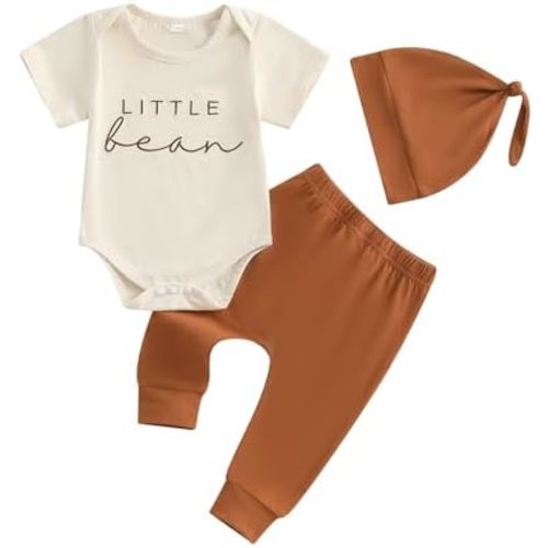 Newborn Boy Clothes Little Bean Baby Outfit Letter Print Short Sleeve Romper Pants with Hat Set