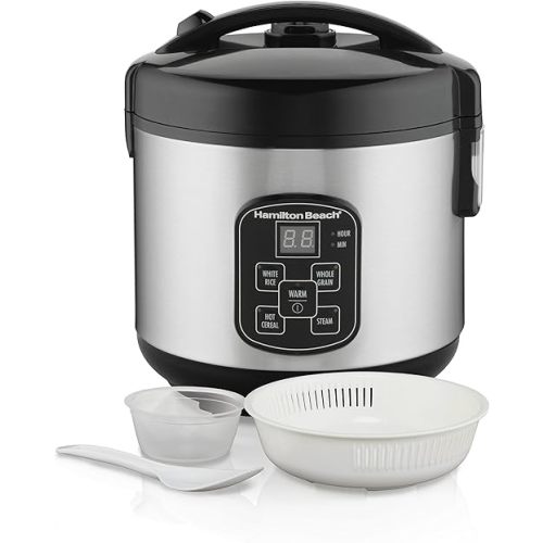 Hamilton Beach Digital Programmable Rice Cooker & Food Steamer, 8 Cups Cooked (4 Uncooked), With Steam & Rinse Basket, Stainless Steel (37518)